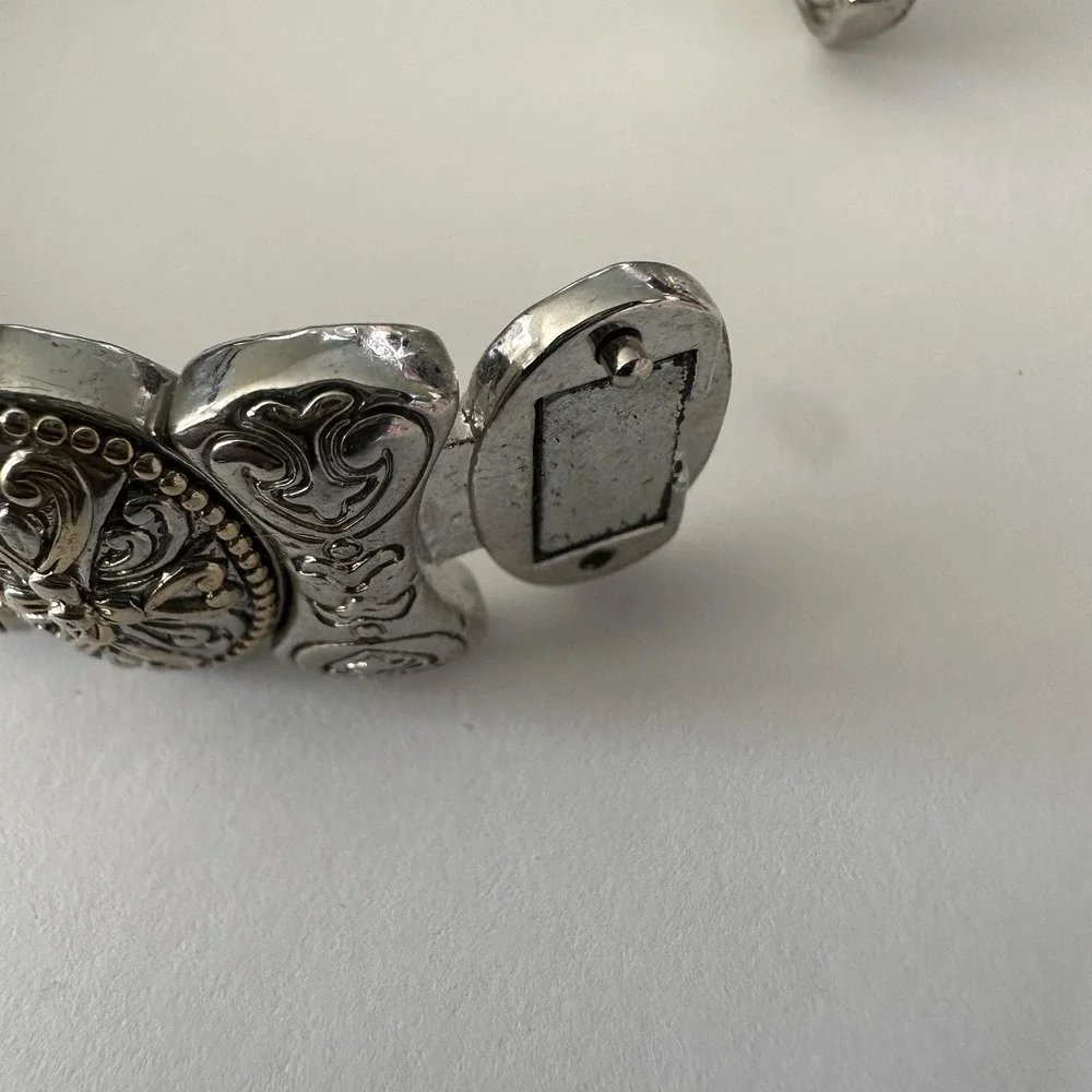 Silver Tone Gold‎ Cross Panel Bangle Bracelet Womens 8 Inch Religious Statement
